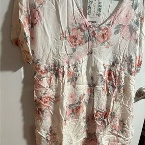 Floral V-Neck Top - Pink and White